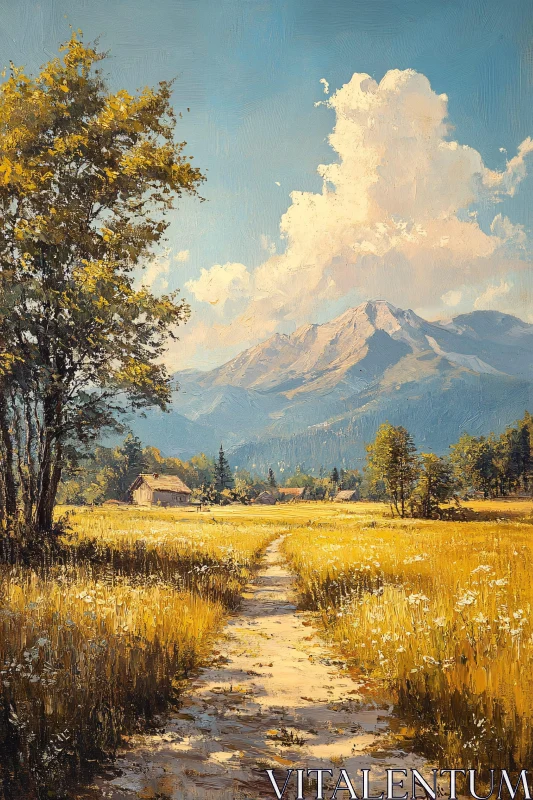 AI ART Pathway to Mountain Cottages in Golden Field