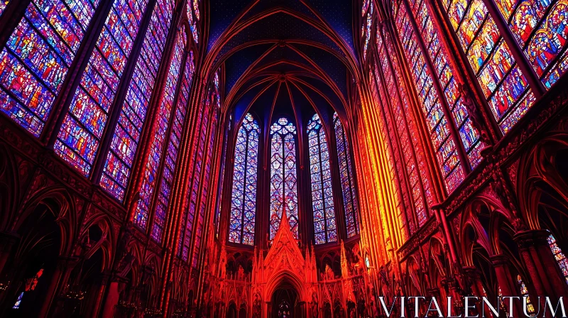 Gothic Cathedral Interior with Vibrant Stained Glass AI Image