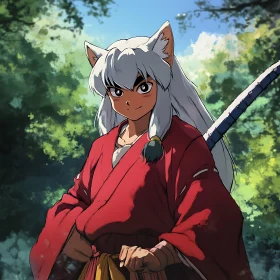 Forest Anime Character with Sword and Red Robe