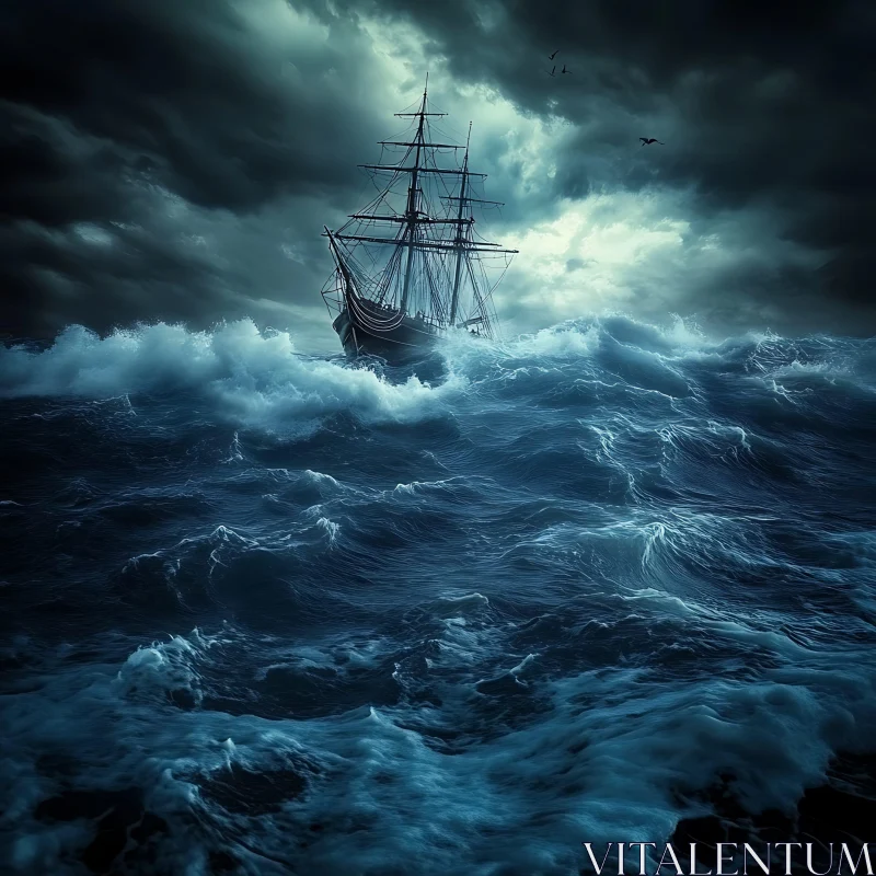 Ship in a Stormy Sea AI Image