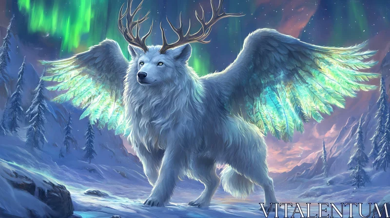 AI ART Fantasy Winged Wolf with Aurora