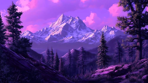 Snowy Peaks Under Purple Skies