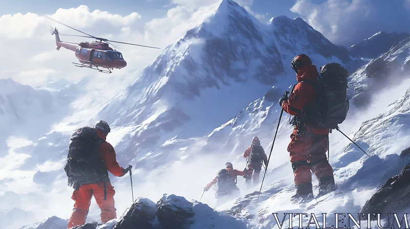 Mountaineers Climbing Snowy Mountain with Helicopter AI Image