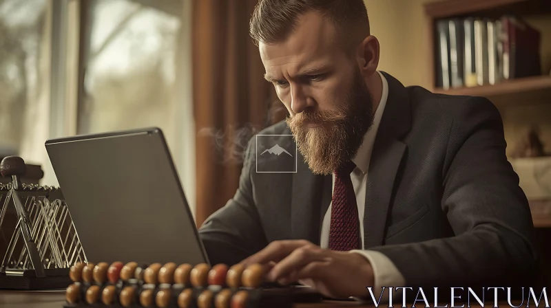 AI ART Man in Suit Using Laptop and Abacus