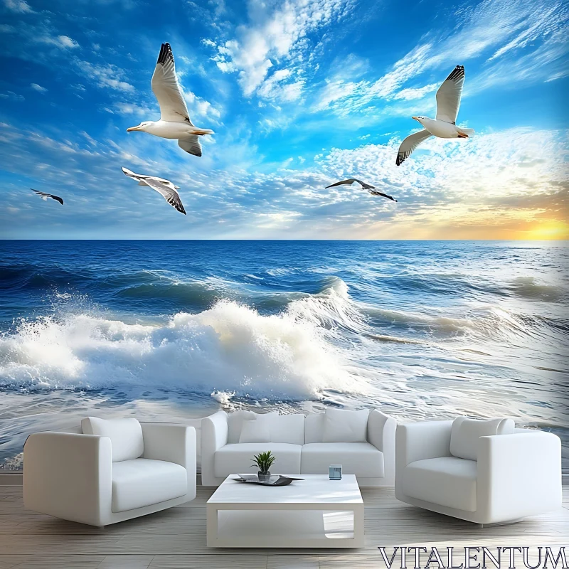 AI ART Seagulls Flying Over the Ocean Waves