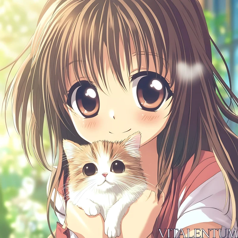 Charming Anime Art of Girl and Cat AI Image