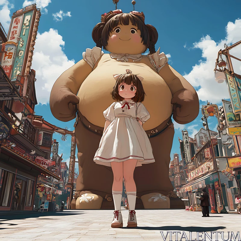 Girl in White Dress with Giant Robot AI Image