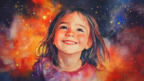 Galactic Watercolor Portrait of a Smiling Child