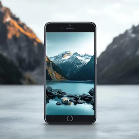 Phone Displaying Mountain Lake Scenery