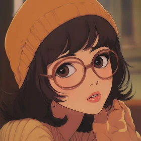 Anime Girl with Brown Glasses and Yellow Beanie