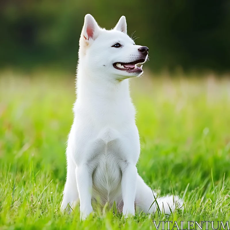 Content White Dog in Green Field AI Image