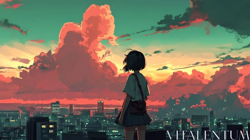 Anime Girl at Sunset Overlooking City AI Image