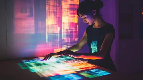 Woman and interactive neon display