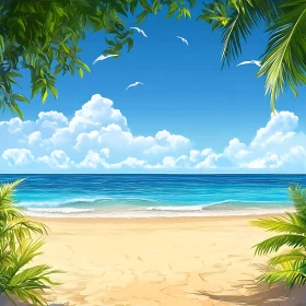 Tropical Beach View with Palm Trees