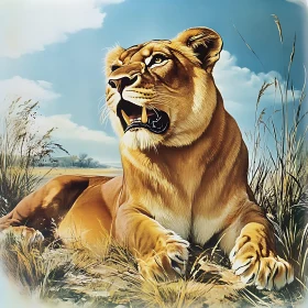 Resting Lioness in Tall Grass