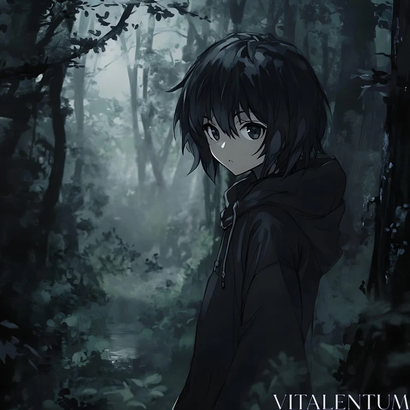 Dark-Haired Anime Character in Misty Woodland AI Image