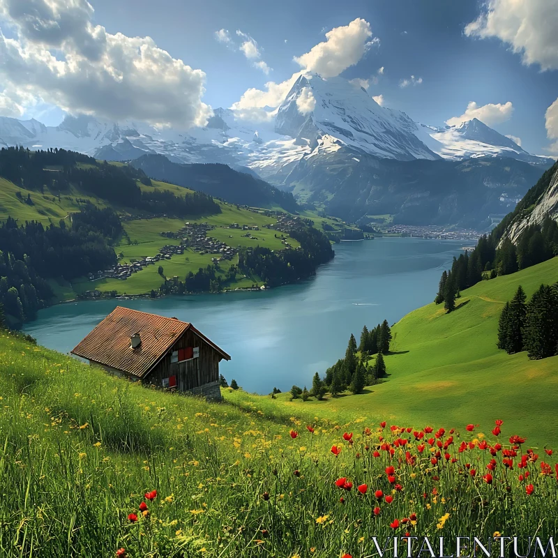 AI ART Alpine Meadow with Lake and Mountains