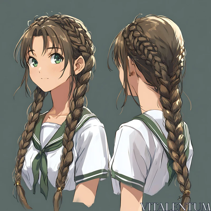 Anime Character Design with Braided Hair and Green Eyes AI Image