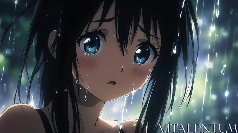 Emotional Anime Girl in Rain AI Image