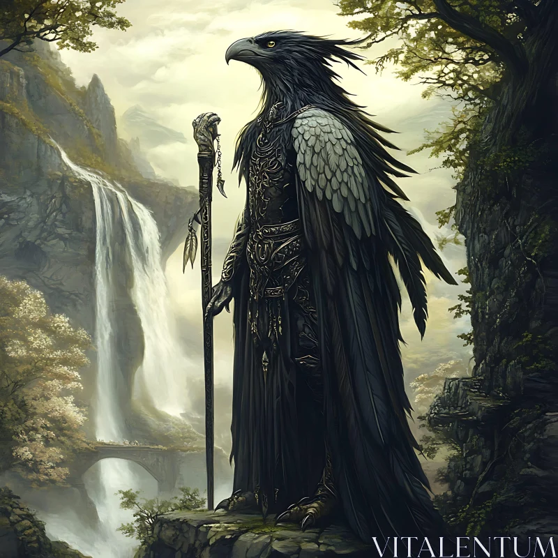 Anthropomorphic Eagle Guarding Waterfall AI Image