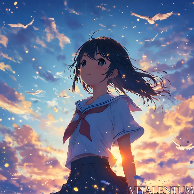 Serene Sunset Anime Girl AI Image