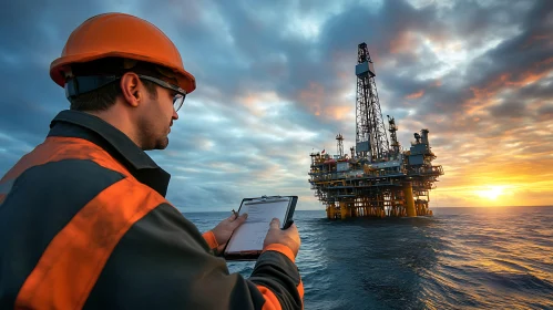 Engineer Inspecting Oil Rig at Dusk
