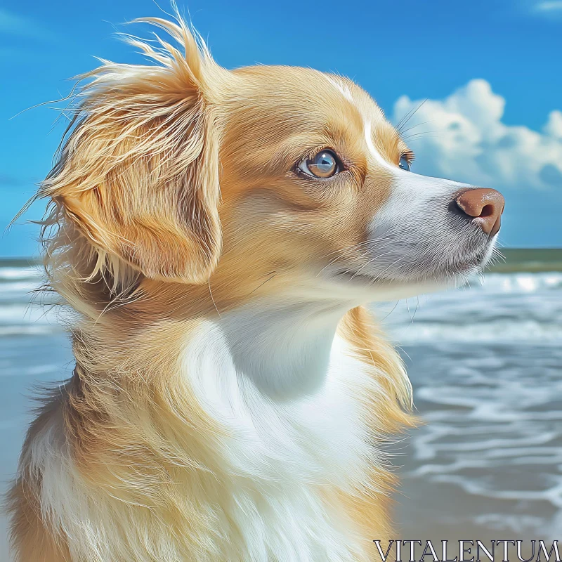 AI ART Golden-Furred Dog Portrait by the Ocean