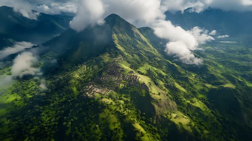 Cloud-Veiled Mountain with Historical Site