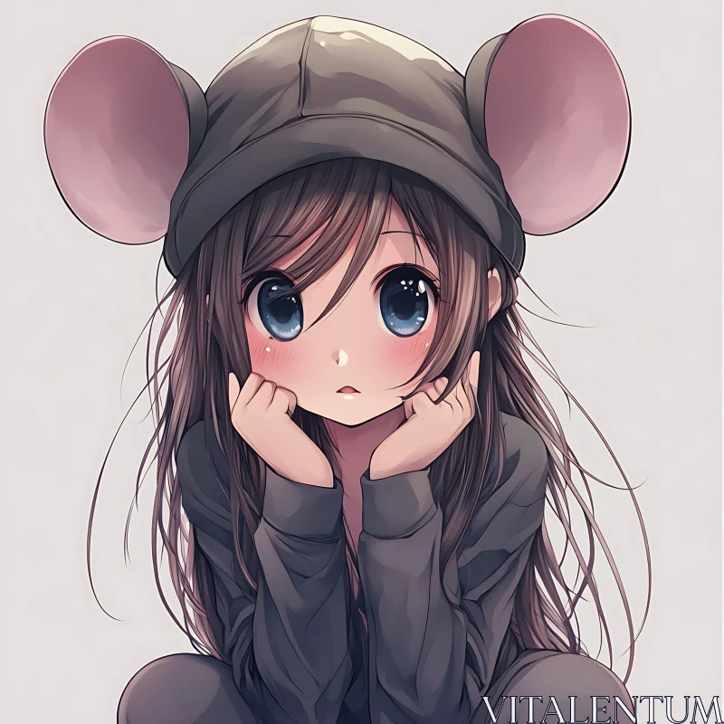 Endearing Anime Girl in Mouse Hat AI Image