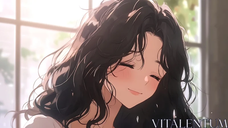 Peaceful Anime Girl with Black Hair, Drenched in Sunlight AI Image