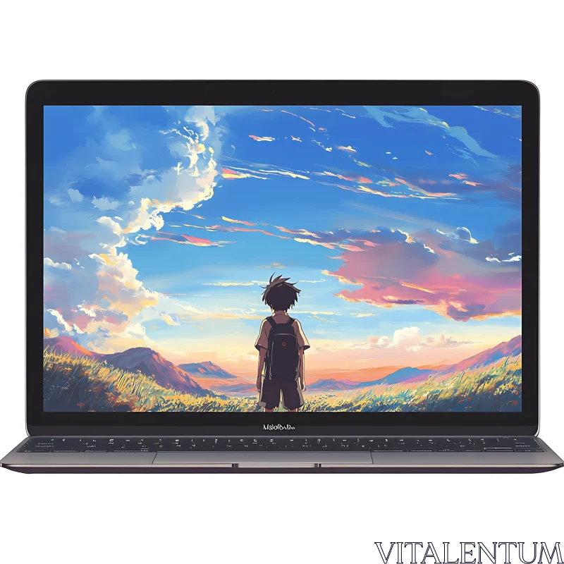 Anime Child Sunset Landscape on Laptop AI Image