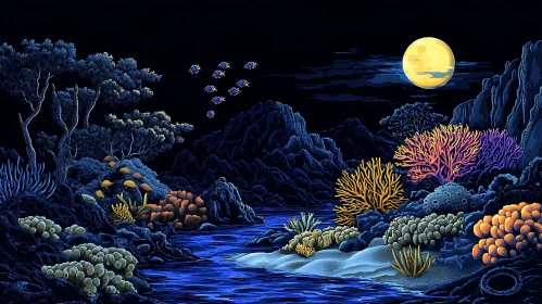 Pixelated Seascape: Moonlight and Corals