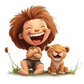 Cartoon of Smiling Child with Lion Cub