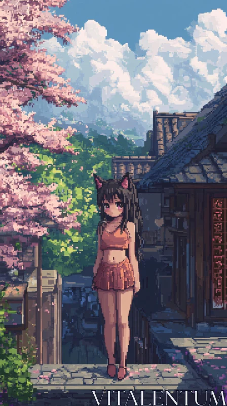 AI ART Anime Girl Amidst Cherry Blossoms in Pixel Art