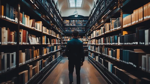 Library Aisle with Books and Person