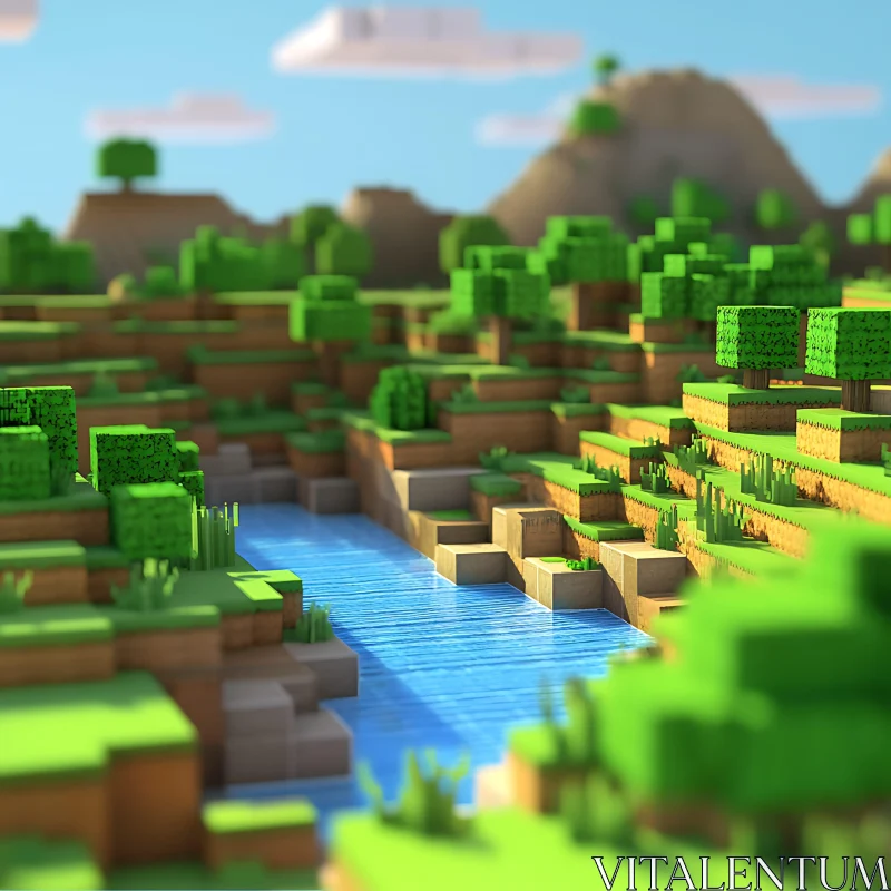 AI ART Voxel Forest Scenery with Flowing River