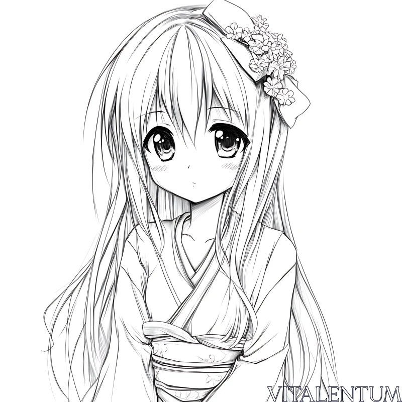 Graceful Anime Girl in Floral Kimono - Line Drawing AI Image