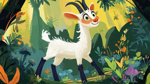 Playful Cartoon Goat in Nature