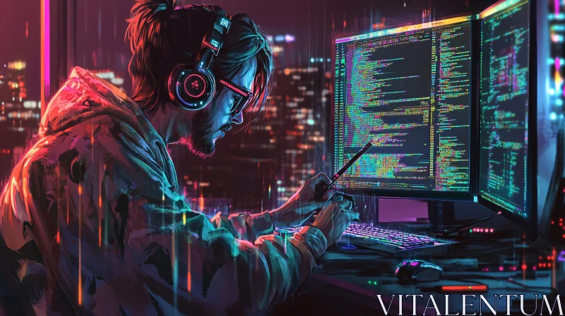 Programmer in a Neon Cyberpunk Ambiance AI Image