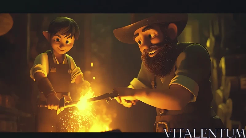 AI ART Cartoon Blacksmith Scene with Man and Child