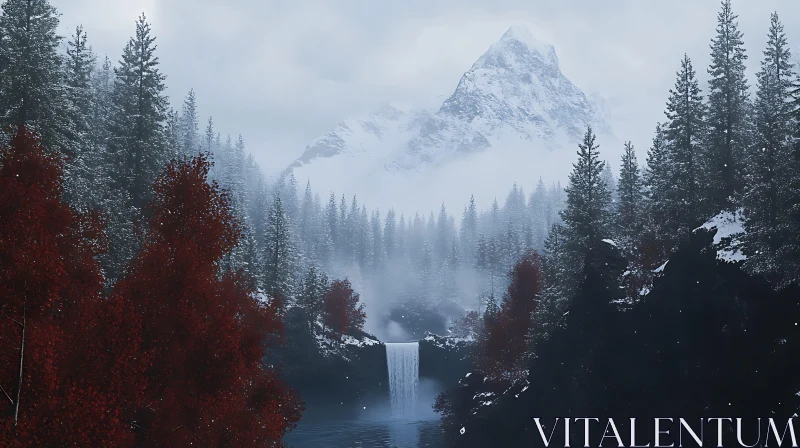 AI ART Winter Mountain Waterfall Landscape