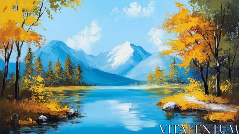 Autumnal Mountain Lake Landscape Painting AI Image