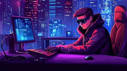 Neon Hacker Working in Futuristic City