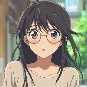 Anime Girl with Round Glasses and Surprised Expression