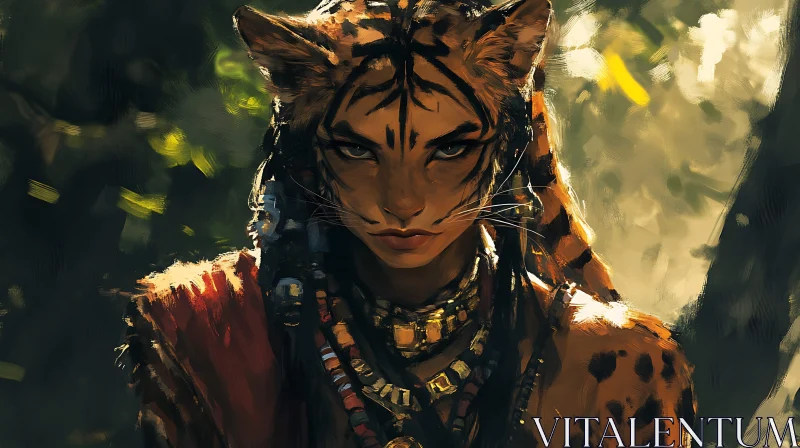 Enigmatic Tigress Woman Illustration AI Image