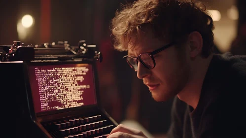 Man Using Typewriter with Digital Screen