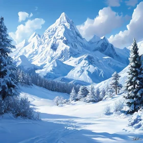 Winter Mountain Scene with Snow and Trees