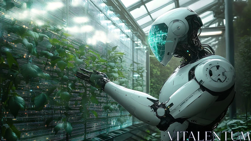 AI ART Cyborg Cultivating Plants in Greenhouse