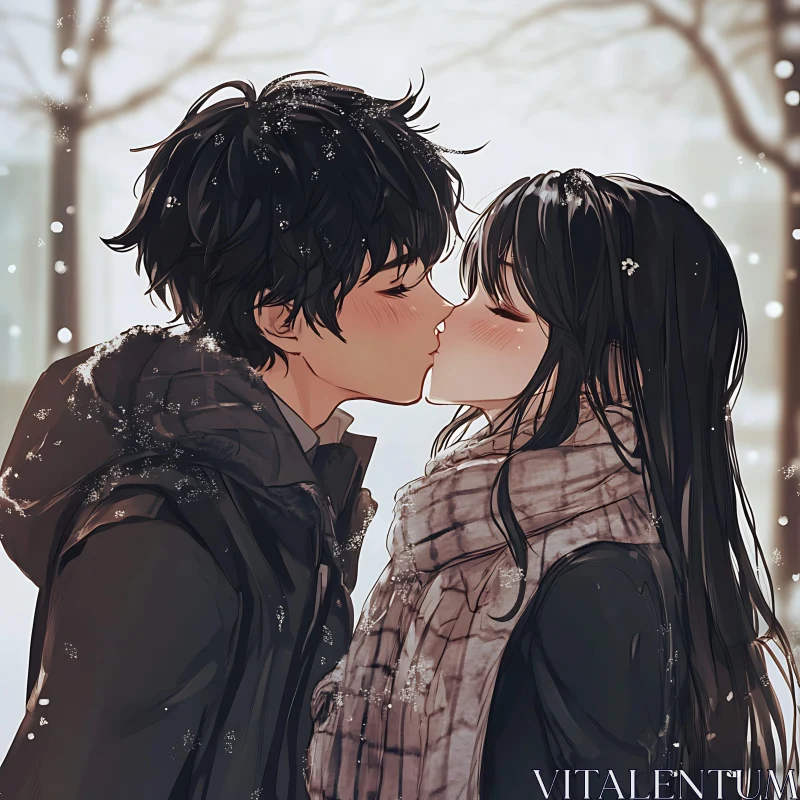 Tender Anime Couple Kiss in Snowy Winter Setting AI Image