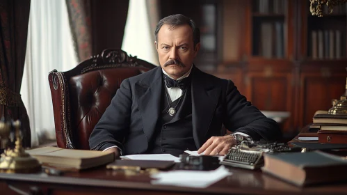 Serious Man in Elegant Office with Antique Decor